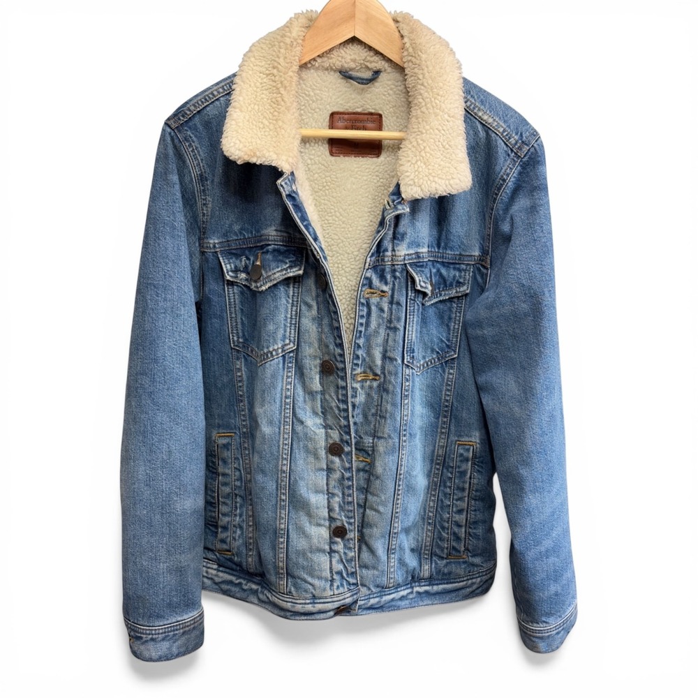 Abercrombie Finch Men's Classic Sherpa-Lined Trucker Denim‎ Jacket Sz Medium Y2K
